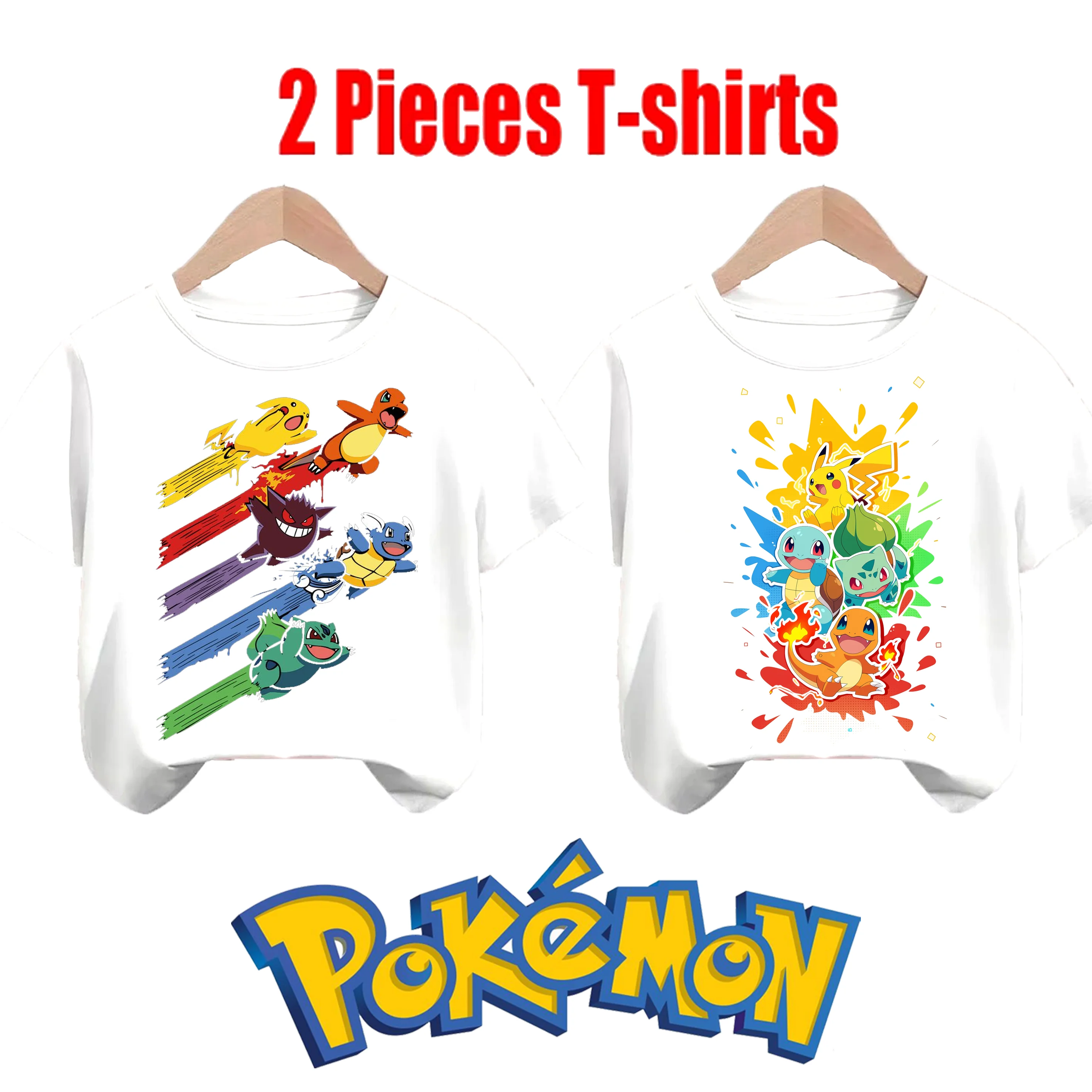 

2 Pieces Pokémon Pikachu T-shirt Kids Printed T-Shirt Boy Girl Summer Y2K Harajuku Loose Casual Short Sleeve Top for Chirldren