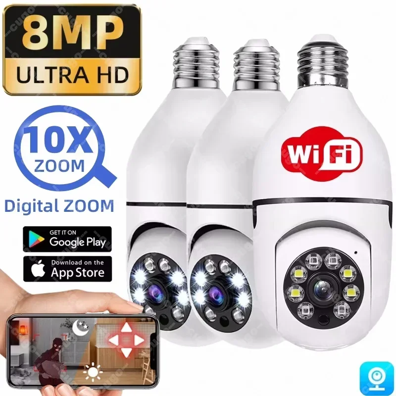 8MP Wifi IP Camera Wireless Surveillance E27 Bulb Camera PTZ CCTV Human Tracking Night Vision 10X Zoom Security Baby Monitor Cam