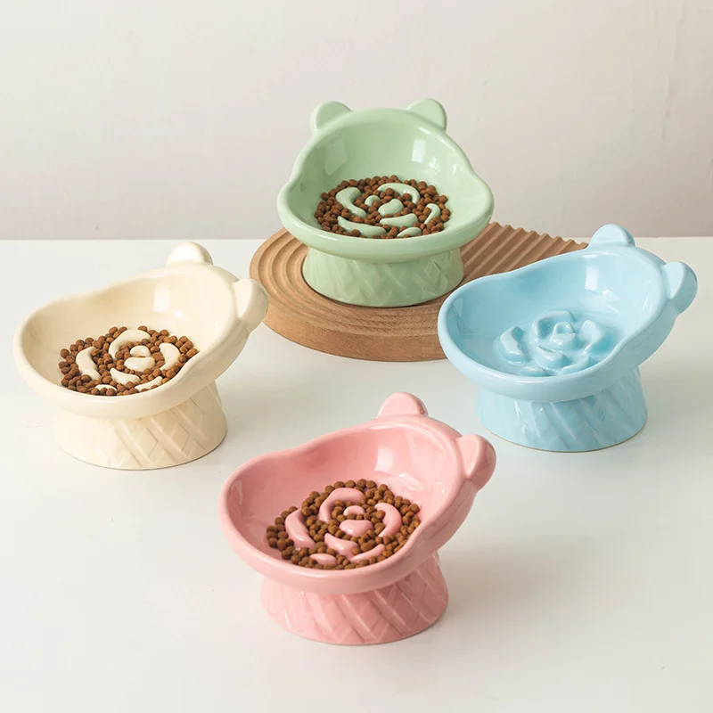 Cute Ceramic Cat Slow Feeder Bowl, Elevated High Foot Pet Dish Neck Protection, Anti-Black Chin Wide Mouth Food Water Bowl