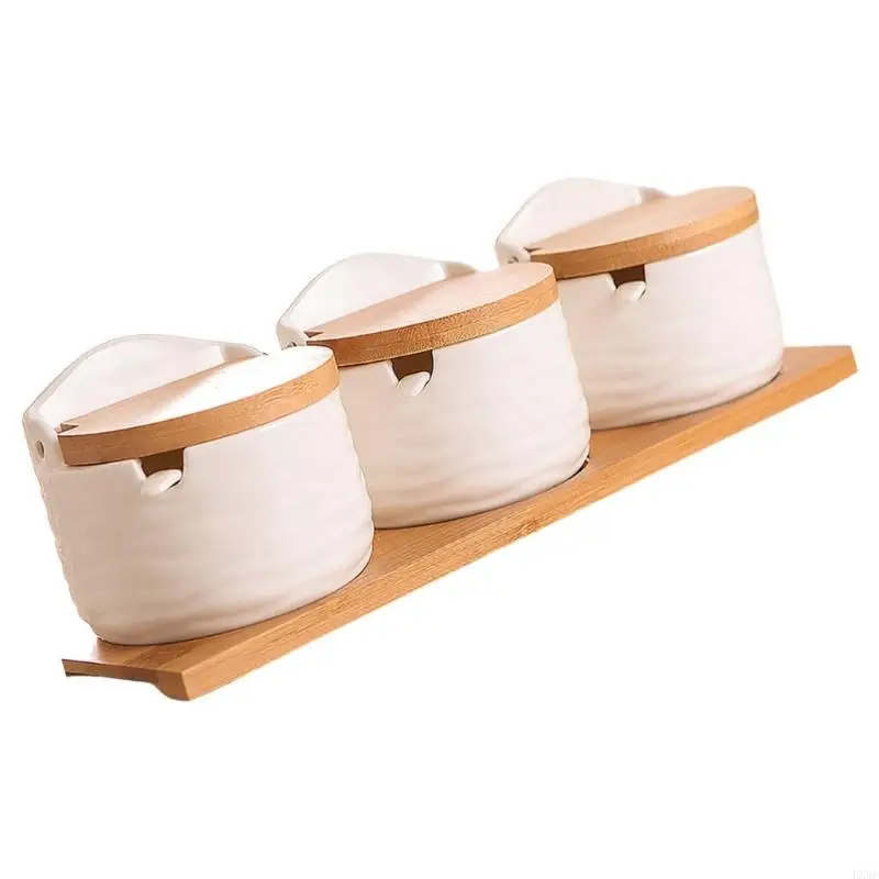 

LX0C Ceramic Salt Box with Bamboos Lid and Spoon Elegant Seasoning Storage Container
