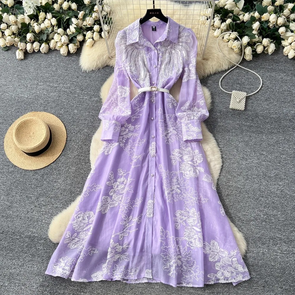 

Luxury Beading Embroidery Shirt Dresses Women Autumn Lantern Long Sleeve Lace Vestidos Pearl Prom Evening Birthday Dress Party
