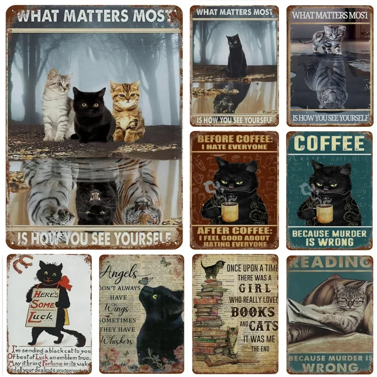 Lustiges Kaffee-Schild Retro Katzen-Poster Metall-Blechschild Vintage Küchenschilder Kaffee-Bar-Schild Katzen-Wandkunst Poster Katzen-Wohndeko