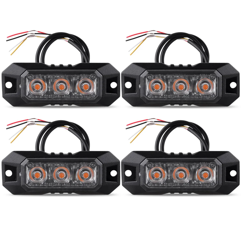 4PCS 3-LED Strobe Warning Light Strobe Grille Flashing Lightbar Car Vehicle Amber Flashing Light Emergency Hazard Warning Lamp