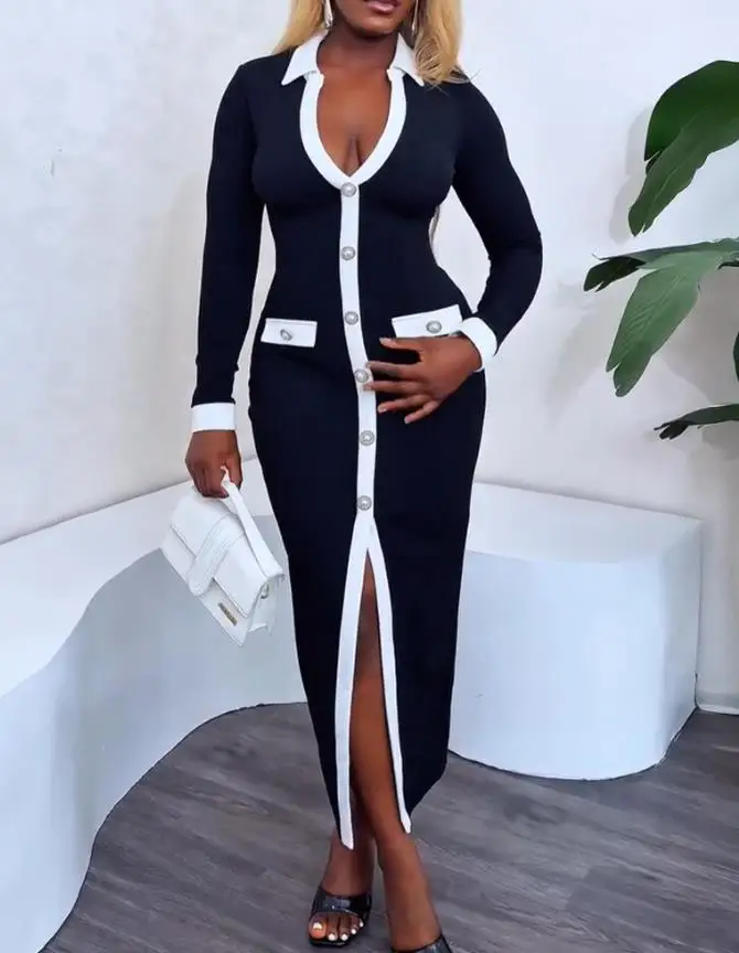 

Pearl button decoration, contrasting color splicing, lapel, split front skirt, zipper, side wing details, slim fit work skirt
