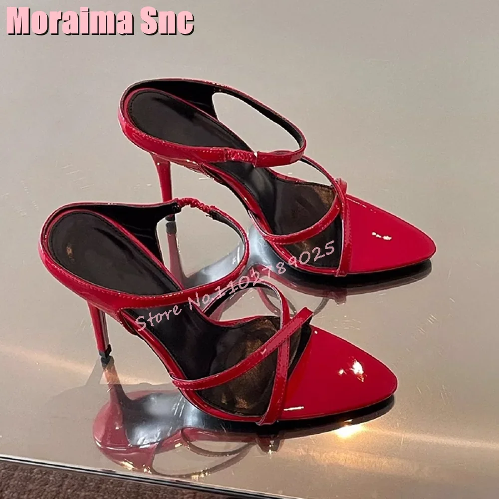 

Sexy Patent Leather Cross Strap Sandals Pointed Toe Stiletto High Heel Solid Fashion Slip On Women's Shoes Summer Banquet Party