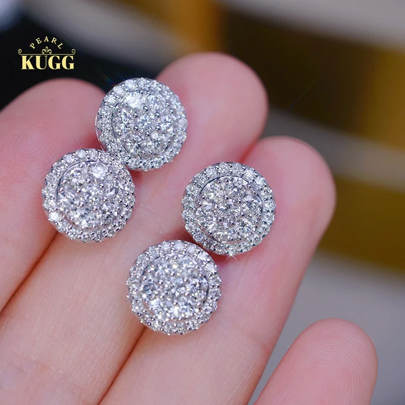 

KUGG 100% 18K White Gold Earrings Luxury Round Design 1.0carat Real Natural Diamond Stud Earrings for Women High Wedding Jewelry