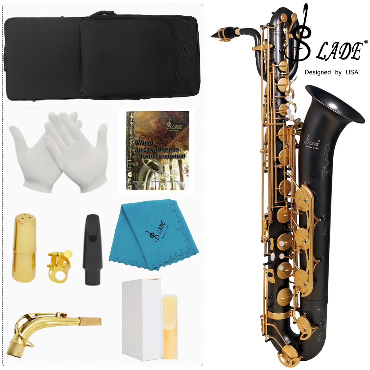 SLADE Black Gold Key Euphonium Saxophone Eb Tone Brass Body Engraved White Shell Keys Saxophone Orchestra Woodwind Instrument