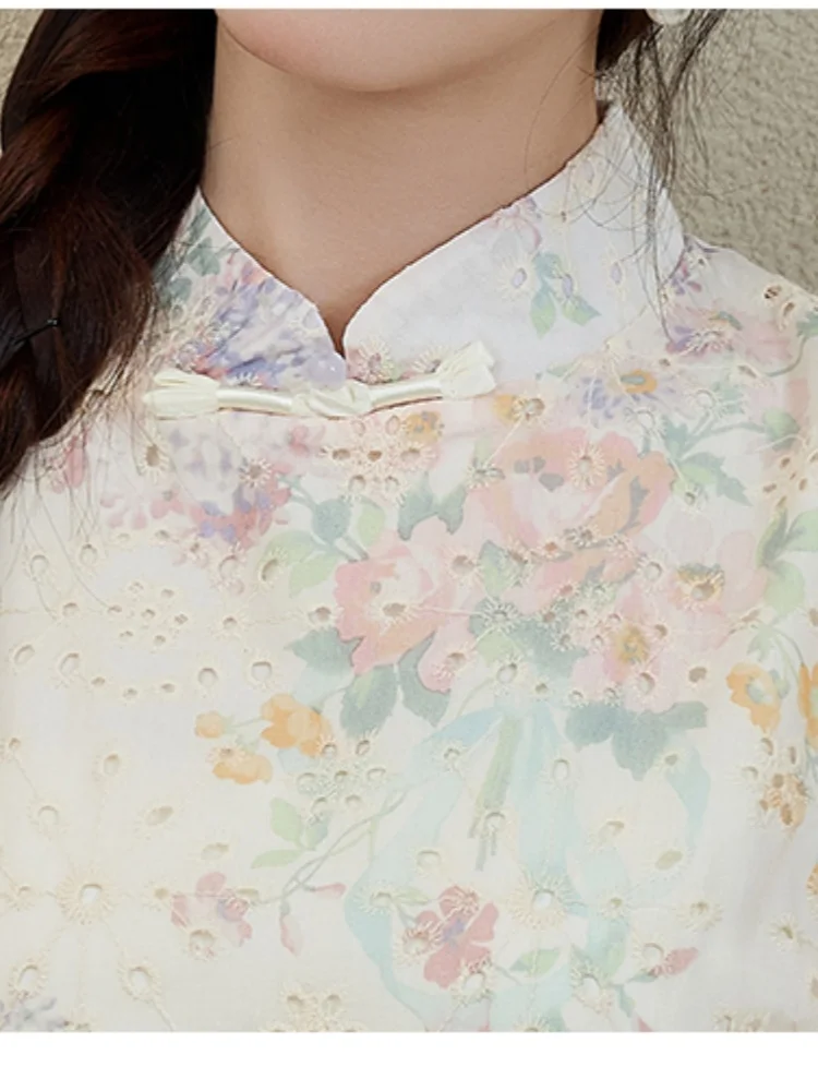 SMTHMA ประณีตใหม่สไตล์จีน Cheongsam ผู้หญิงฤดูร้อนชุดสุภาพสตรี Lace Hollow Out ปลอม 2 ชิ้นชุดเย็บปักถักร้อยดอกไม้