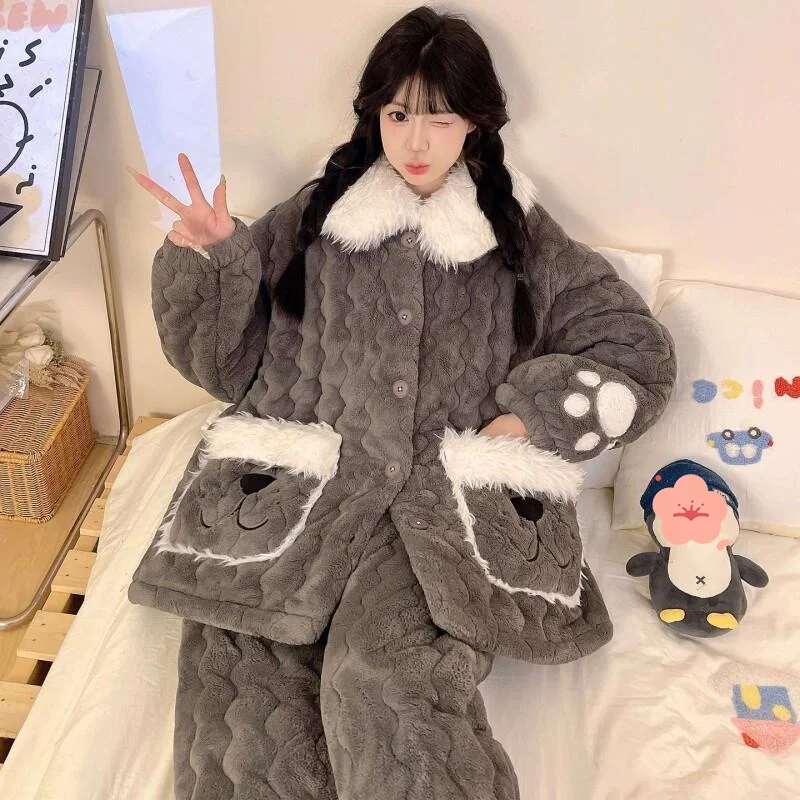 Pijamas de mujer, ropa de dormir cómoda, conjunto de pijama de algodón, invierno, otoño, acolchado, oso coreano, forro polar Coral, traje para casa grueso y cálido para adolescentes