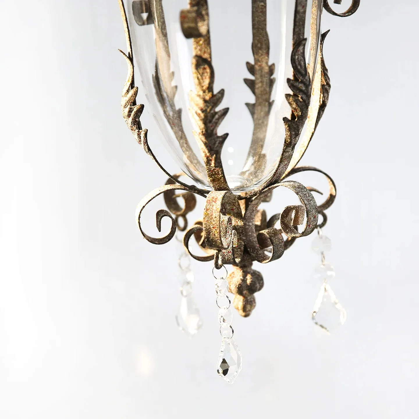Vintage Hanging Candle Lantern with Glass Hurricane, Distressed Metal with Scrollwork and Crystal Accents, 91cm Height
