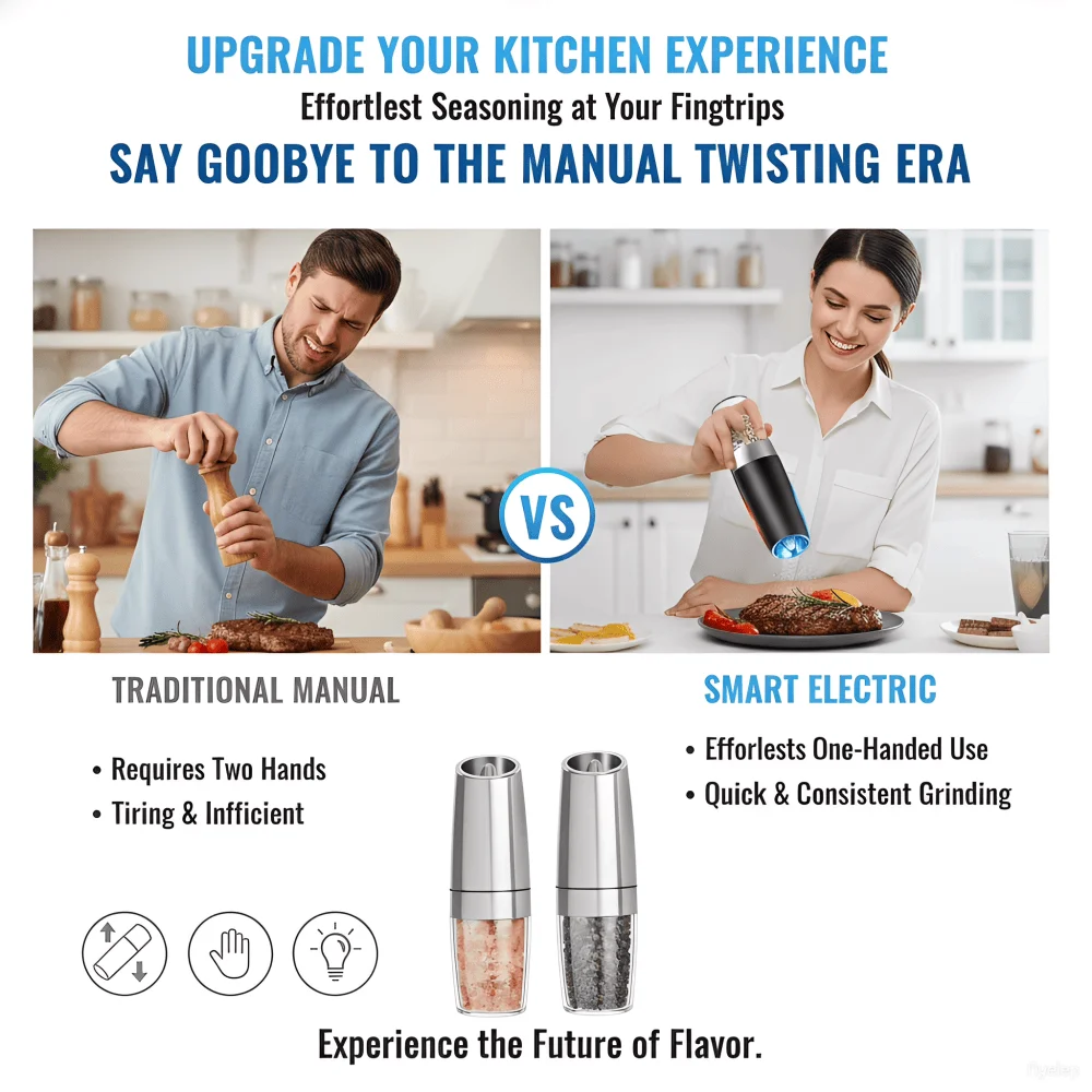 Electric Pepper Grinder Stainless Steel Automatic Gravity Shaker Salt Pepper Grinder Spice Mills Grinding Tools Kitchen Gadgets