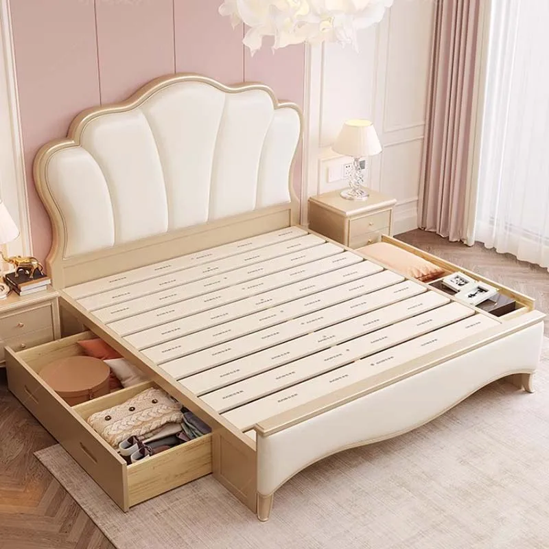 Elegant Wood Double Bed Pretty American Comferter Princess Luxury Queen Bed Frame Storage Letto Matrimoniale Bedroom Furniture