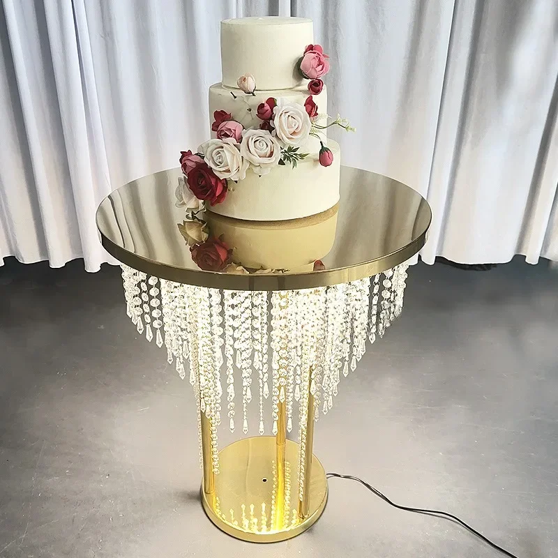 New crystal bead curtain cake  dining  wedding decoration storage  stainless steel table with light