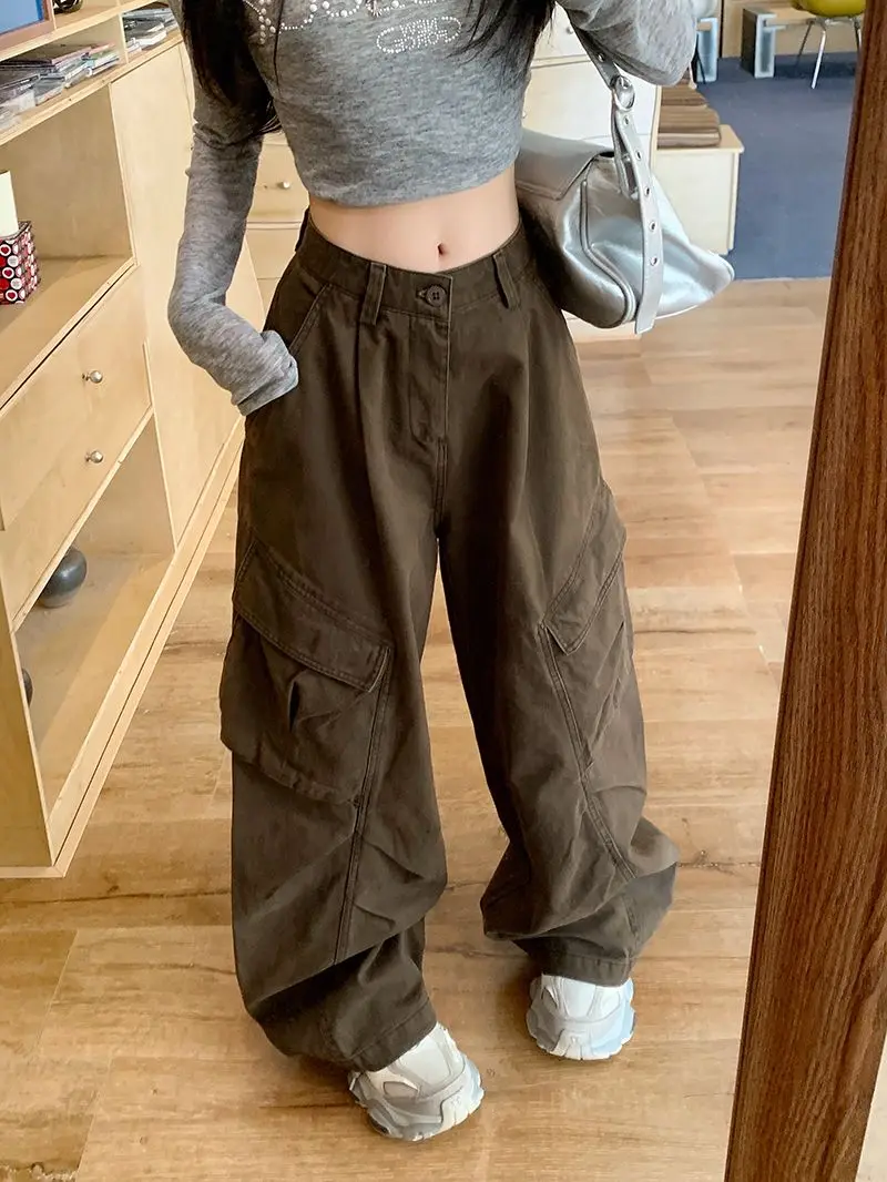 Retro American Multi-Pocket Work Pants Women's Loose Wide Leg Hip Hop Street Dance Trousers Autumn Winter Casual Pants