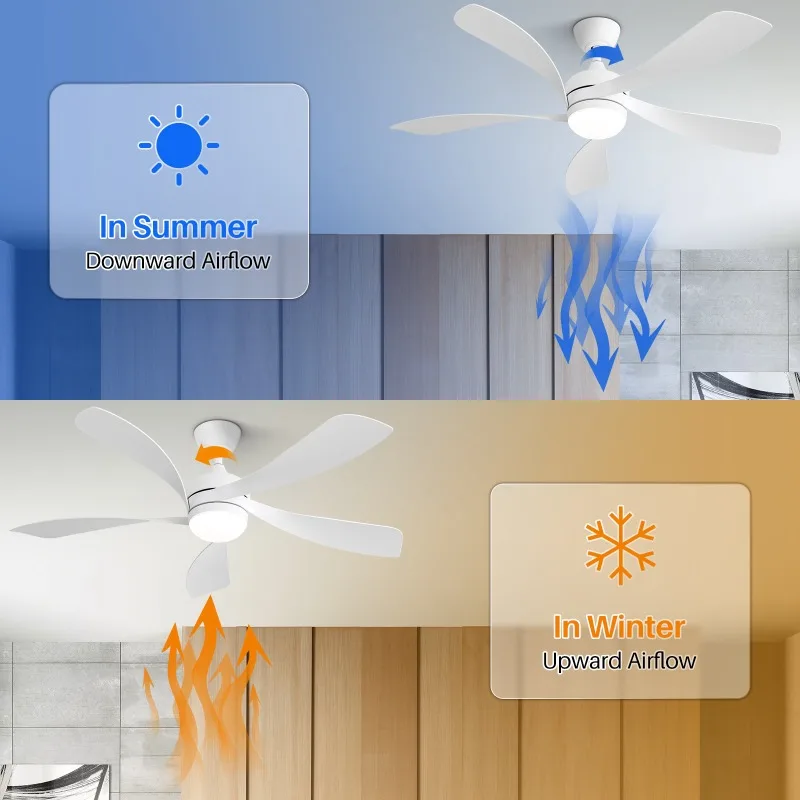 52 Inch Modern Ceiling Fans with Lights Remote/APP  Control with 3 Color Dimmable Light 5 ABS Blades Quiet Reversible DC Motor