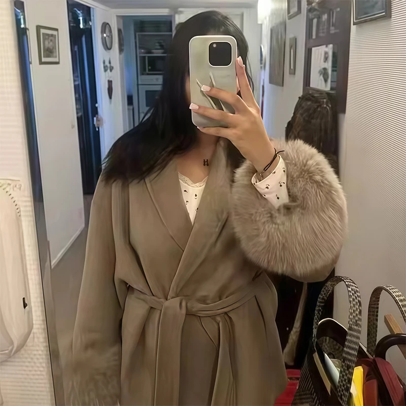 Elegante frauen Lace Up Woolen Mäntel Solide Volle Hülse Drehen-unten Kragen Lose Dame Mäntel 2025, Herbst Winter weibliche Streetwear