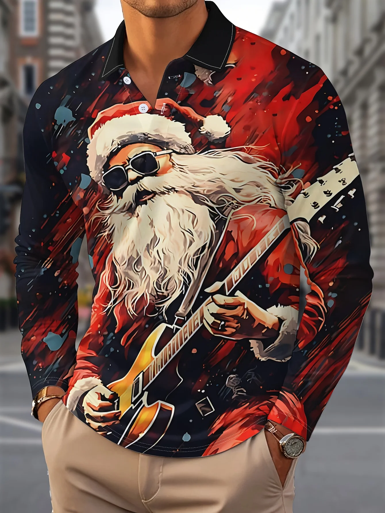 Spring and Autumn Christmas Edition Men's Long-Sleeve Polo Shirt with Santa Claus Print - Fashionable Streetwear Clothing