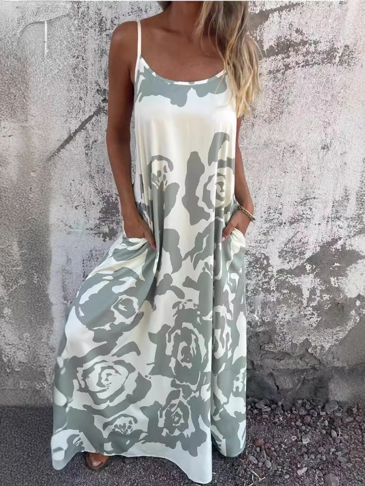 

Women Summer Strap Dresses New Oversize Printed O Neck Sleeveless Camisole Long Skirt Fashion Casual Loose Waist Women's Dress