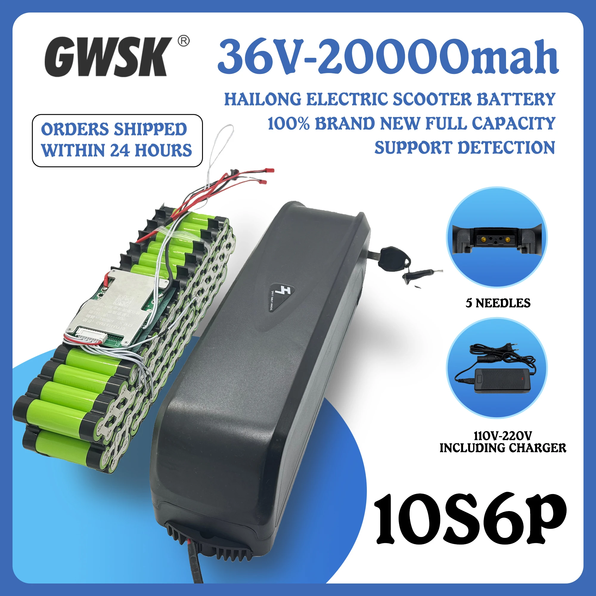 

Air rapid transportation, full capacity 18650 Hailong 5-pin battery, 36V 20AH lithium battery pack, suitable for 250-3000W