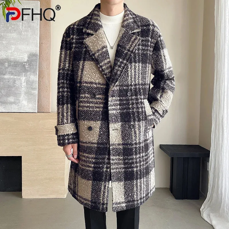 PFHQ Winter Cotton Thickened Medium Long Plaid Men Woolen Coat 2024 Long Sleeve Single Breast Male Tops Korea Fashion 21Z6551