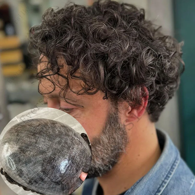 

Full Skin Base 28mm Curly Gey 1B20 1B40 Human Hair Men's Toupee Durable Prosthesis System Black/Dark Brown Hair Natural Frontlin