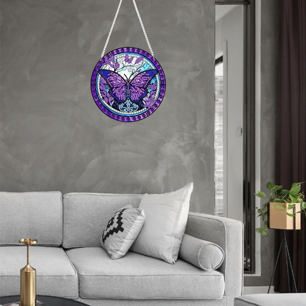 Diamond Painting Pendant, Purple Butterfly Diamond Art Mosaic Hanging Pendant, Home Garden Wall Door Decoration, Handmade Gift