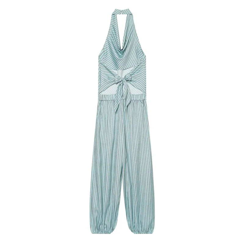 Guobioziy Women's Jumpsuit 2026 Summer New Light Green Striped Halter Neck Lantern Pants Jumpsuit Beach Vacation Sexy Fashion