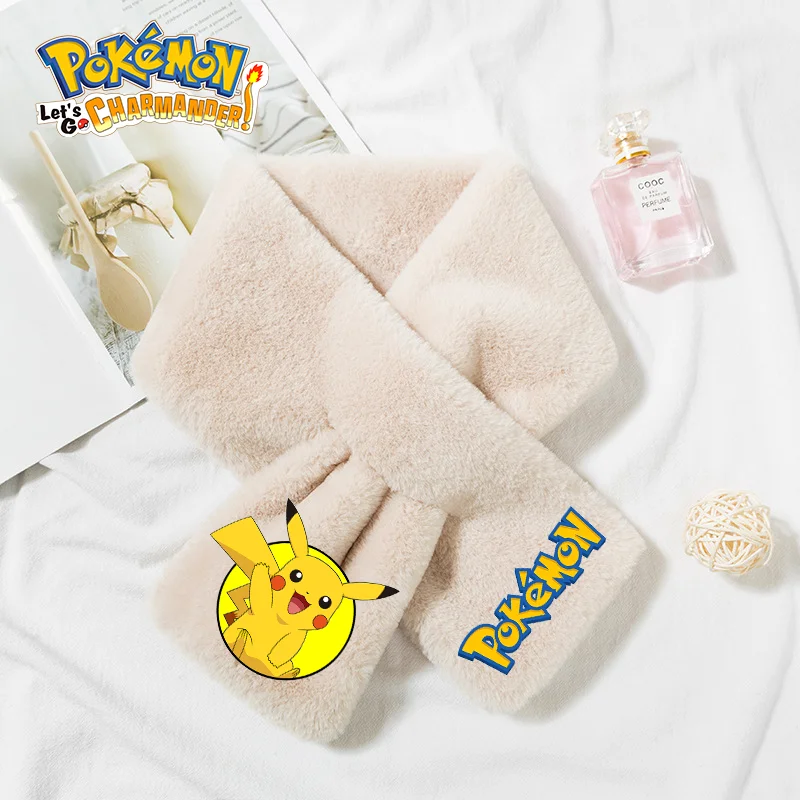 Pokemon Hairy Snood Soft Scarves Pikachu Warmer Collar Scarves Faux Rabbit Fur Thickened Solid Color Winter Plush Cross Scarf