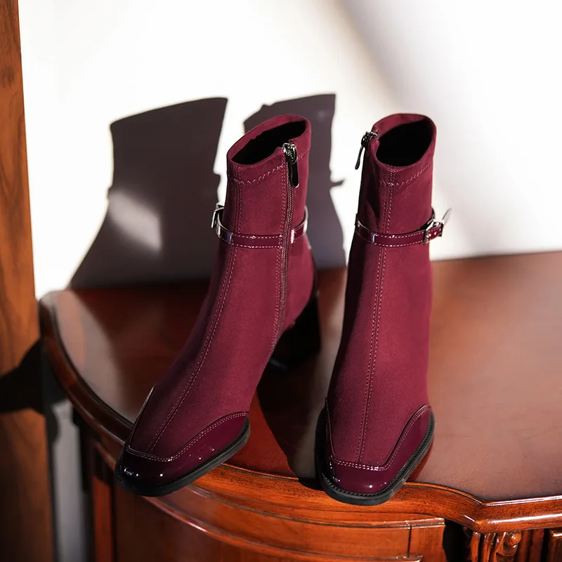 Buckle Design Sewing Patchwork Zippers Burgundy Boots Mid Calf Botas Square Toe Chunky Heels  Elegant Old Money Cozy Luxury New