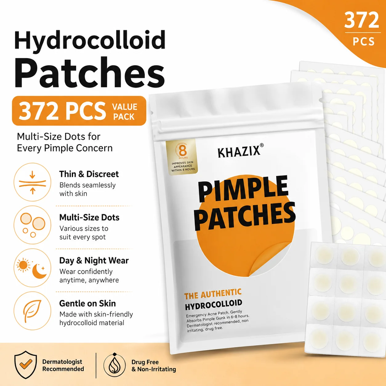 Hydrocolloid Acne Pimple Patch, Hydrocolloid Spot Stickers, Covering Zits and Defect, Nighttime Spot Stickers for Face and Skin view 3