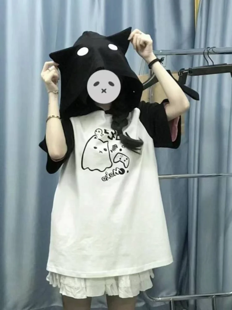 Super Fire anime Ghost Cat Cat Ear Hooded Short Sleeve Sweater T-shirt Female Summer Japanese Cute COS Top emo Y2K