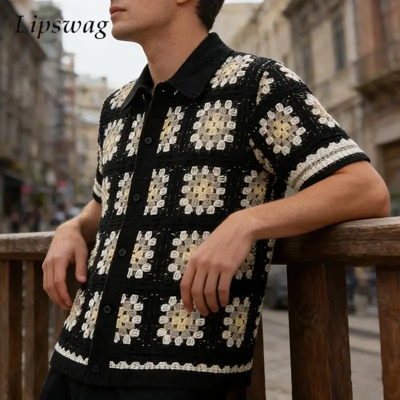 Sexy Hollow Out See Through Knit Shirts Men 2026 Spring Summer Stylish Crochet Knitting Cardigans Mens Casual Short Sleeve Shrit