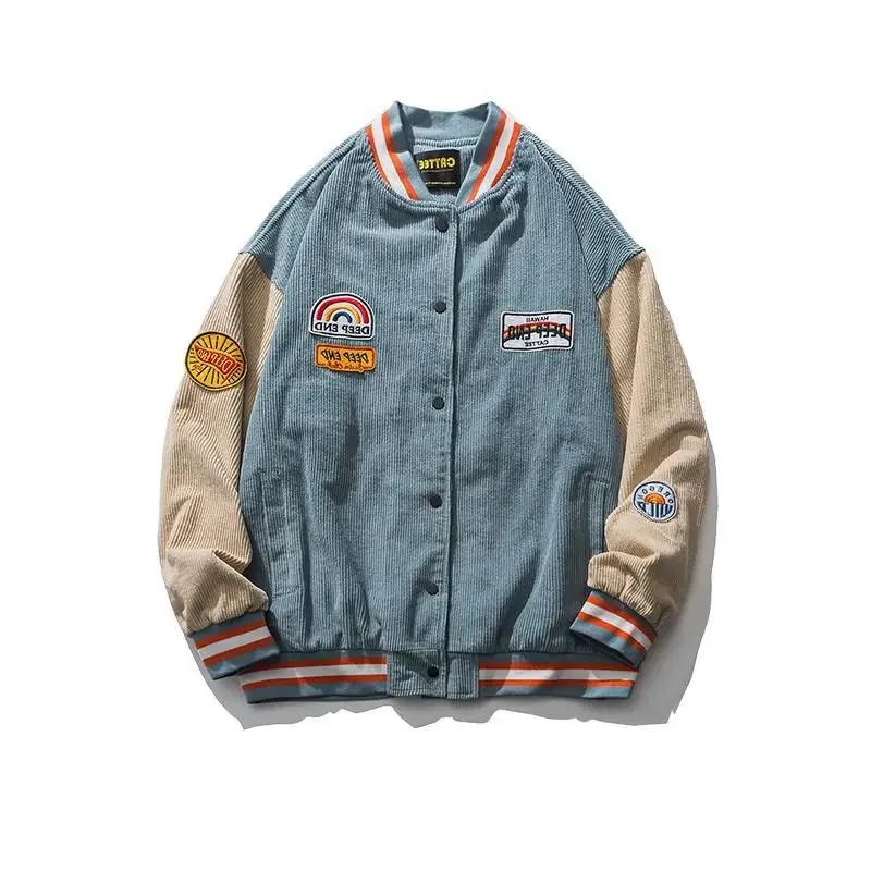 2022Autumn and Winter New American Tide Brand Corduroy Jacket Men's Color-blocking Embroidery Versatile Casual Baseball Jacket