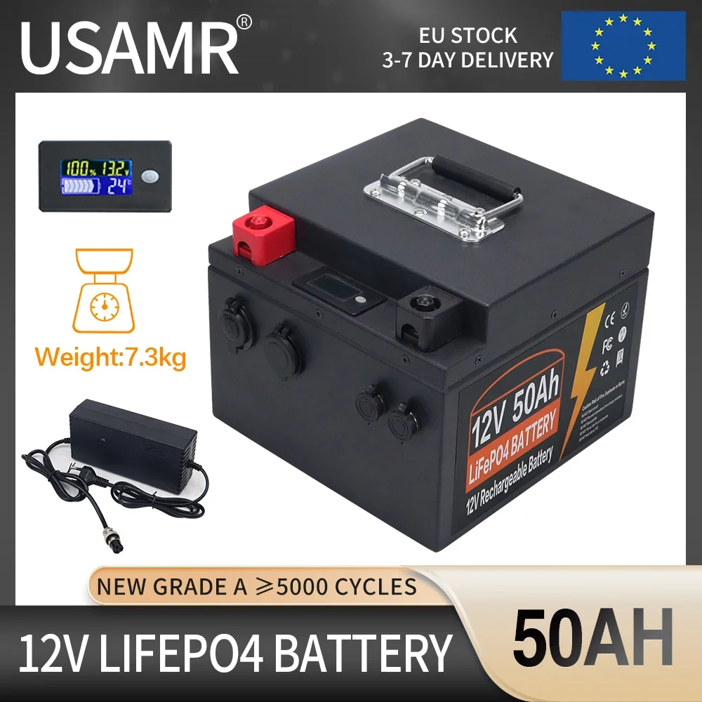 12V 50Ah LiFePO4 Battery Built-in BMS Lithium Iron Phosphate Cells 5000+ Cycles Life For RV Campers Golf Cart Solar With Charger