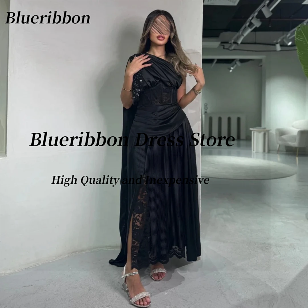 

Черные платья для выпускного вечера Blueribbon 2025 года, вечернее платье на одно плечо с блестками, Саудовская Аравия, женское платье с рюшами для особых случаев по индивидуальному заказу