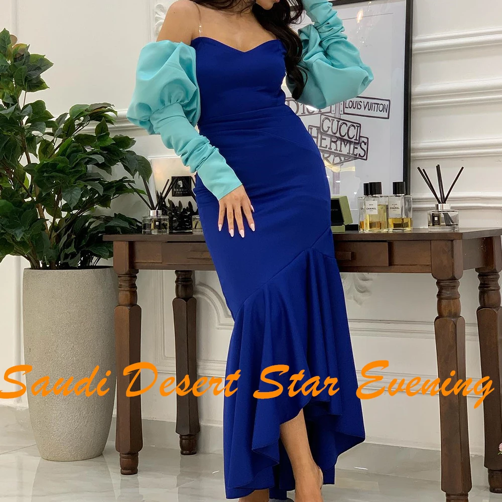 Temperamento Hasta el tobillo Mangas desmontables Plisados Vestidos de fiesta Vestidos de noche modernos de sirena azul con forma de corazón Vestidos de noche فساتmavera