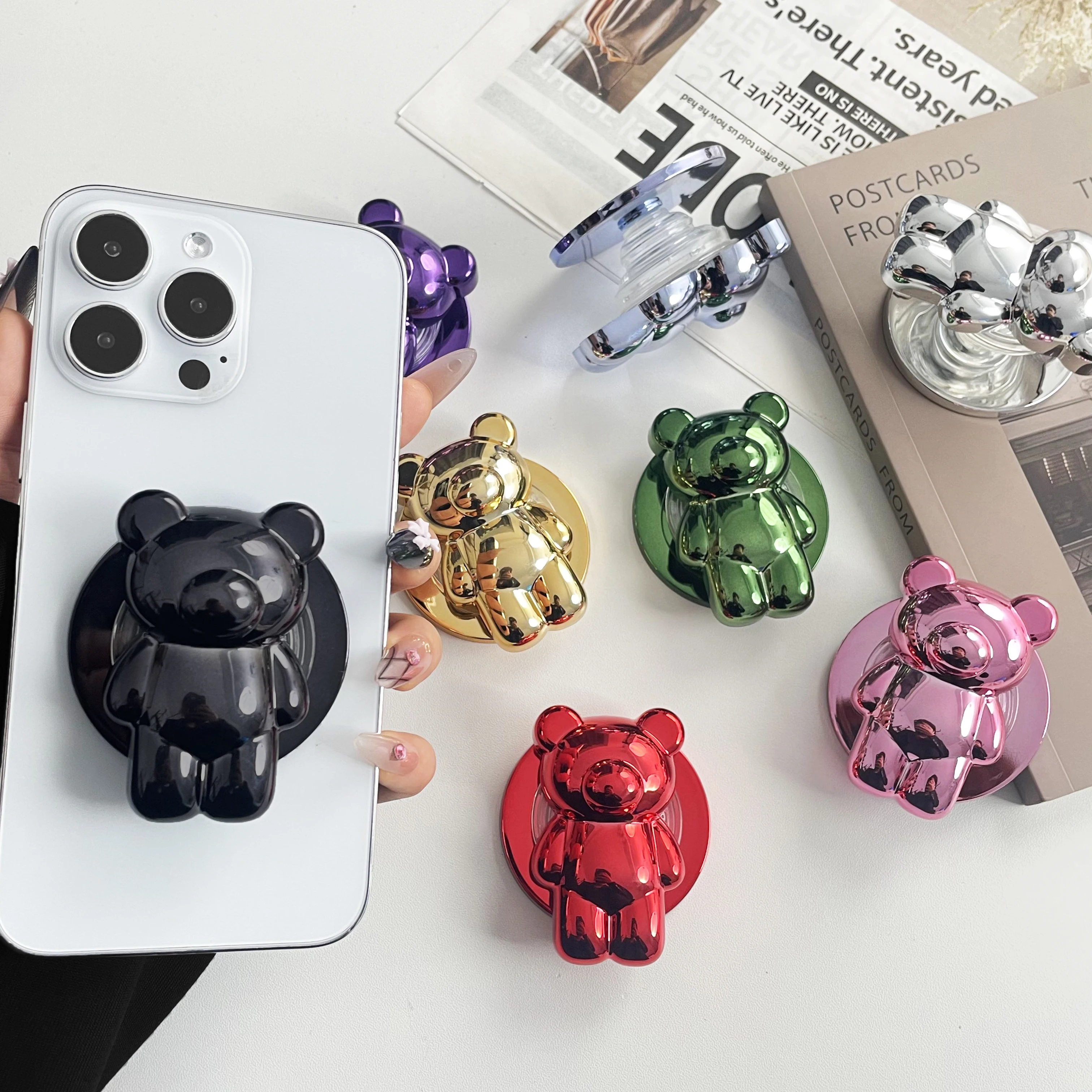 

Cute 3D Electroplated Bear For Magnetic Phone Grip Holder Shiny Bear Foldable Stand for MagSafe Compatible Phones For iPhone 17.