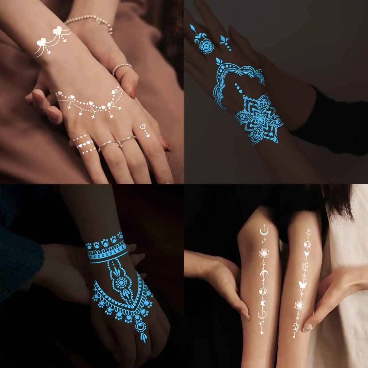 TATTOO 1pc Luminous Night Tattoo Stickers for Women Men Henna Totem Temporary Waterproof Tatto Body Art Finger Hand Tattoo