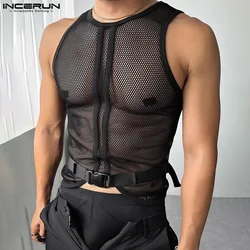 INCERUN Men Tank Tops Mesh Transparent Solid Color Sexy O-neck Sleeveless Male Vests Streetwear 2024 Party Fashion Men Clothing