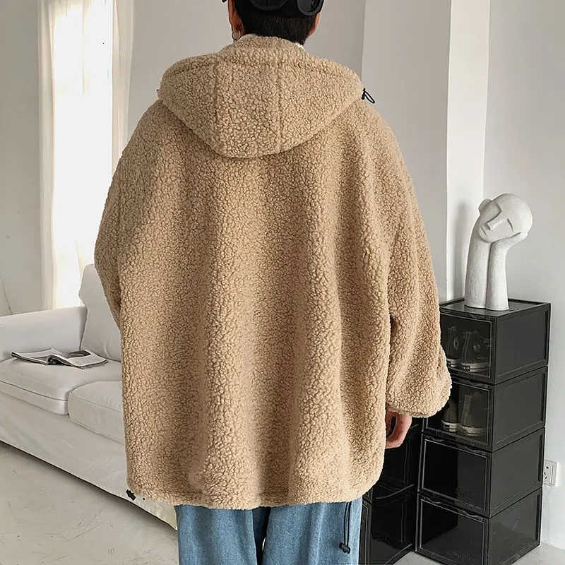 Winter Lamb Fur Jacket Men's Parka Warm Fashion Retro Casual Short Coat Men Streetwear Loose Korean Hooded Coat Mens Clothes