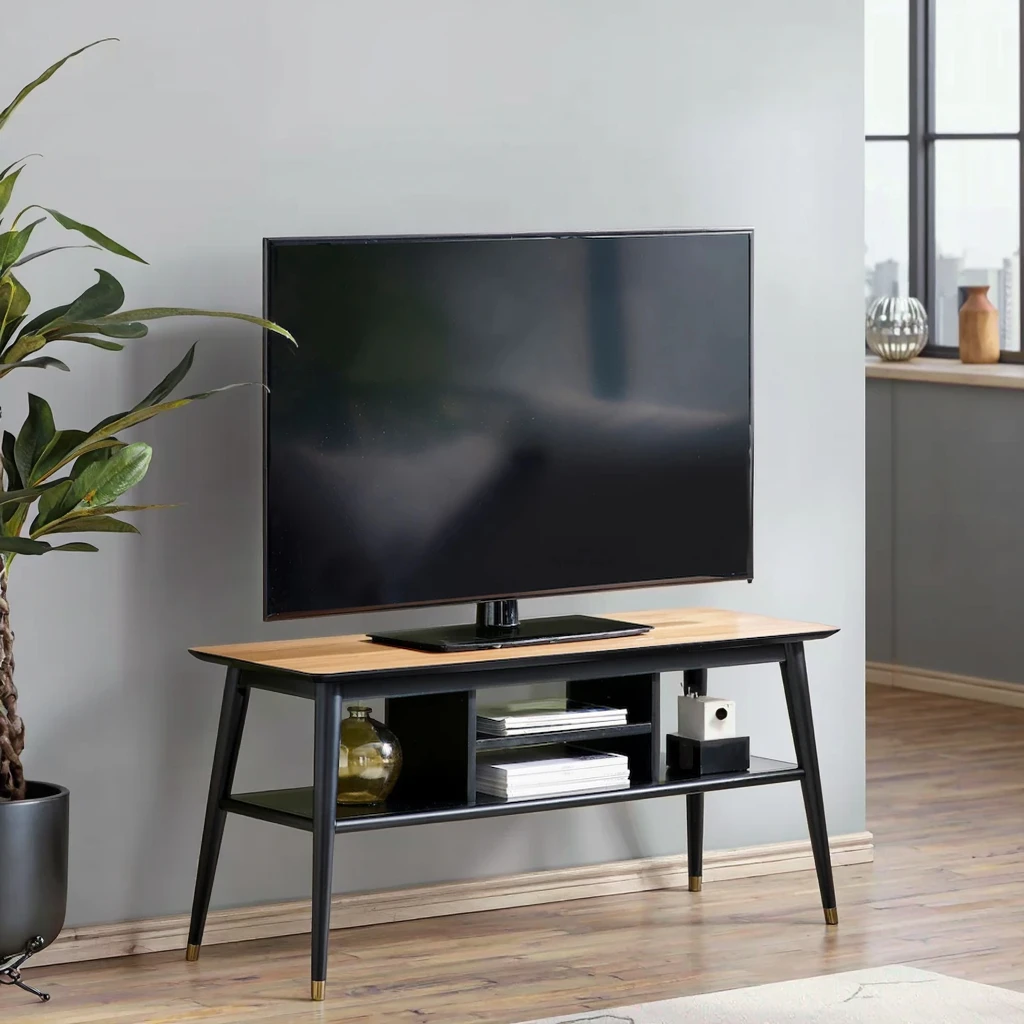Walnut Schwarzer Rectangular Media-TV-Ständer mit 2-Regalen und Leggings mit Brassings Pitze Für Esszimmer Oder Couch Tisch
