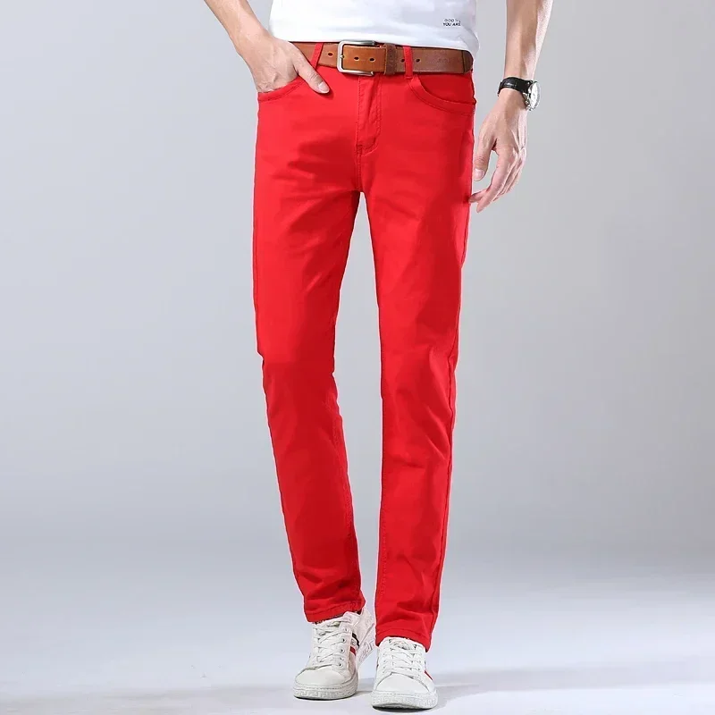 Autumn Jeans Men\'s New Brand Clothing Fashion Stretch Denim Pants Straight Trousers Male Red Lake Blue Yellow Trousers