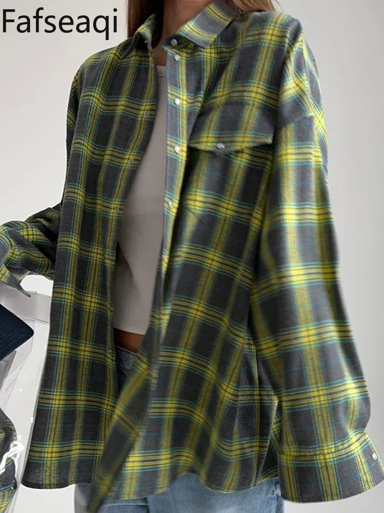 American Plaid Oversize Shirt for Women 204 Autumn Button Down Beautifull Blouses Long Sleeve Top Pocket Women\'s Cotton Blouse