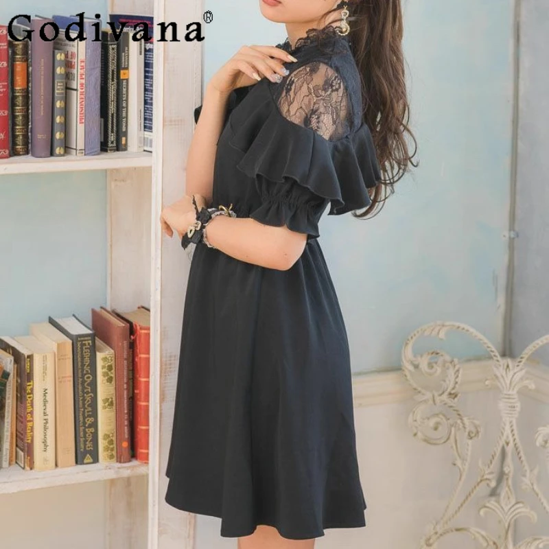 فستان نسائي بياقة الدمية على الطراز الياباني فستان Rojita Princess أسود حلو فستان نسائي صيفي قصير الأكمام بقصة ضيقة مكشكش #4