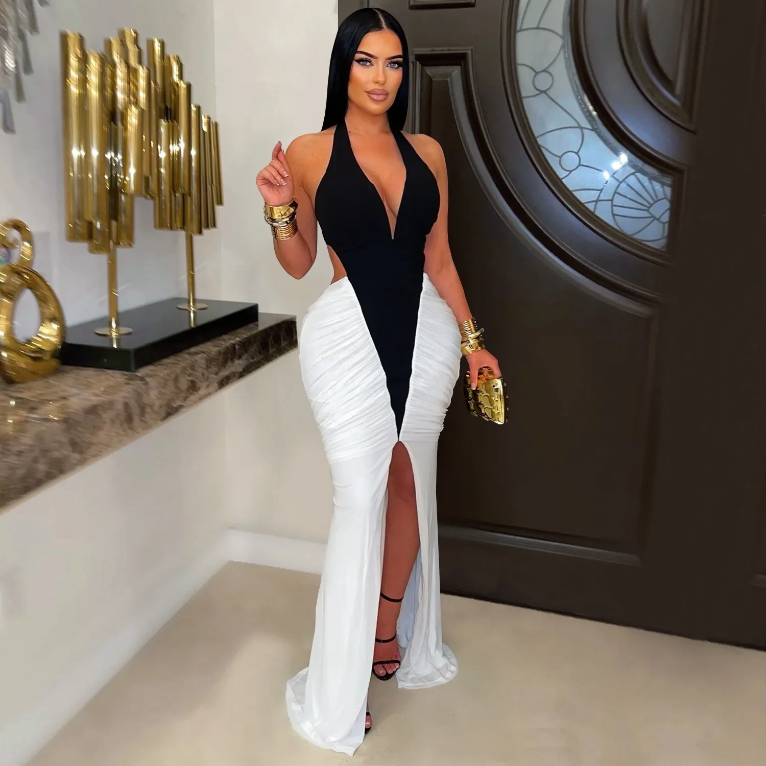 ملهى ليلي حفلة الرقص جمع نادي مأدبة مثير الخامس الرقبة الذراع تغطي الشق فستان عارية الذراعين #2