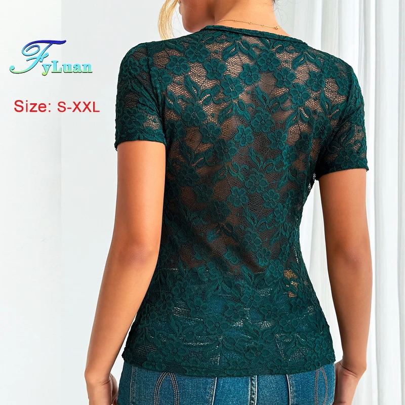 أوروبا أمريكا الربيع الصيف 2025 جديد المرأة تي شيرت بلون سليم المناسب الخامس الرقبة قصيرة الأكمام الدانتيل تي شيرت الملابس