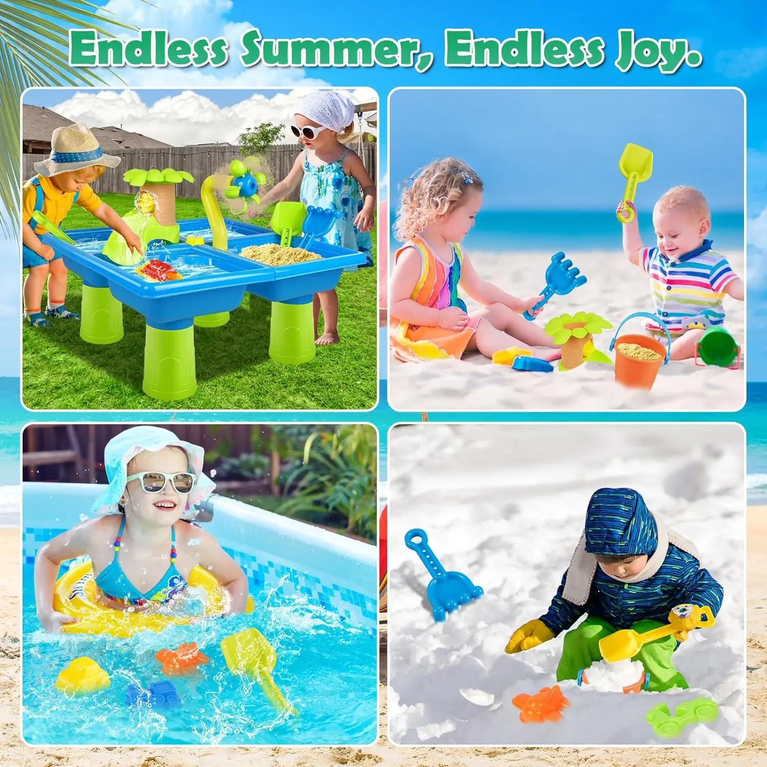 Summer Beach Water Table para crianças, mesa ao ar livre, chuveiros de chuva, Splash Pond Toys, atividade sensorial, mesa de areia, 4 em 1, 24 pcs