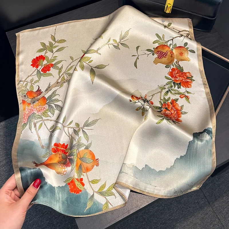 

100% silk square scarf women autumn original pomegranate print scarf head handkerchief for women winter accessories