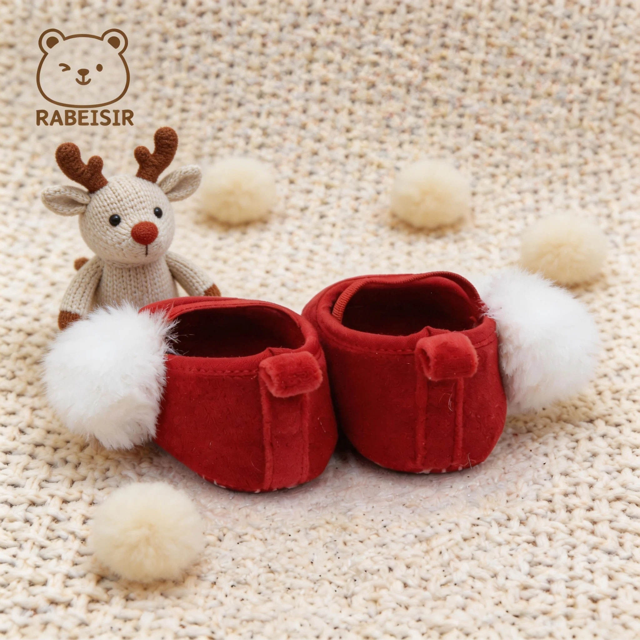 Cute Fluffy Pom‑pom Red Mary Jane Baby Shoes Elastic Strap Style Lightweight Soft Sole Infant First Walker Shoes