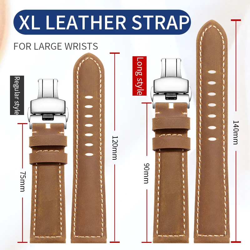 XL extended lenght 140+90mm leather watch strap for Hamilton Panerai SEIKO lengthening and thickening men's watch band 22MM24MM